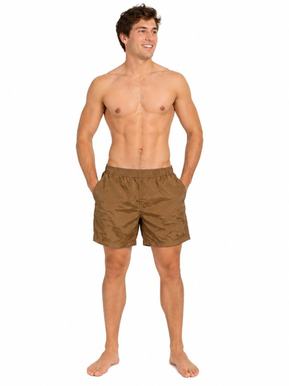 Kavu Mens River Shorts Swim Trunk Brown Brief Lined Elastic Waist Pockets Hybrid